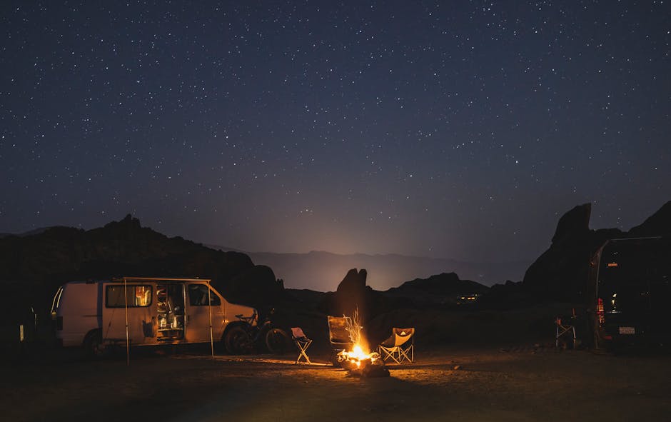 A serene night camping scene with a van, tents, and campfire beneath a starry sky.