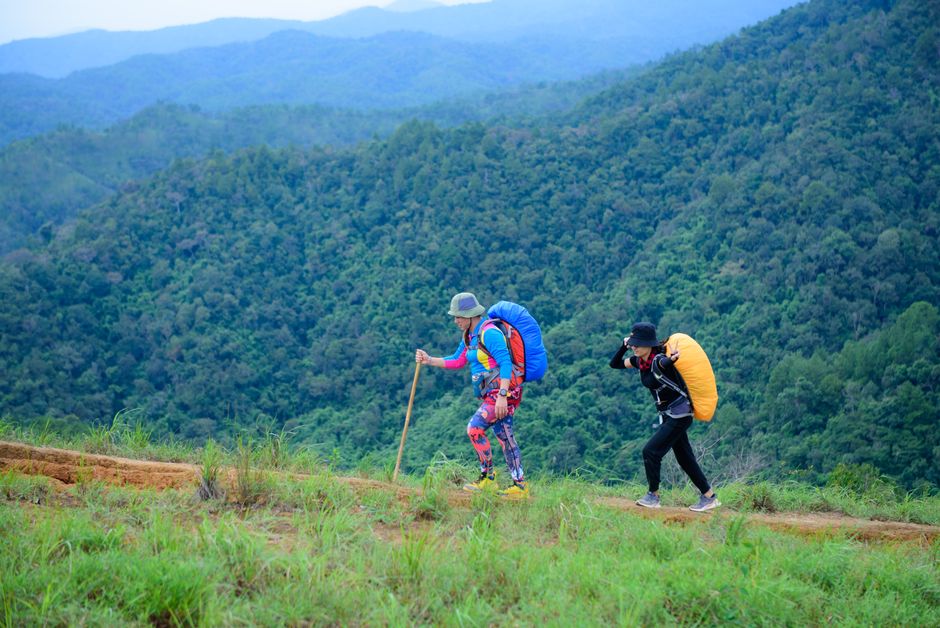 Two hikers trekking through lush green mountain trail, wearing vibrant gear.
