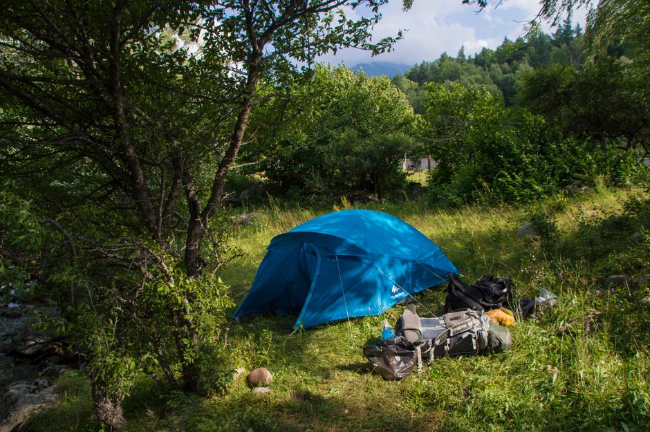 Peaceful camping scene with a blue tent set amidst lush greenery, perfect for nature lovers.