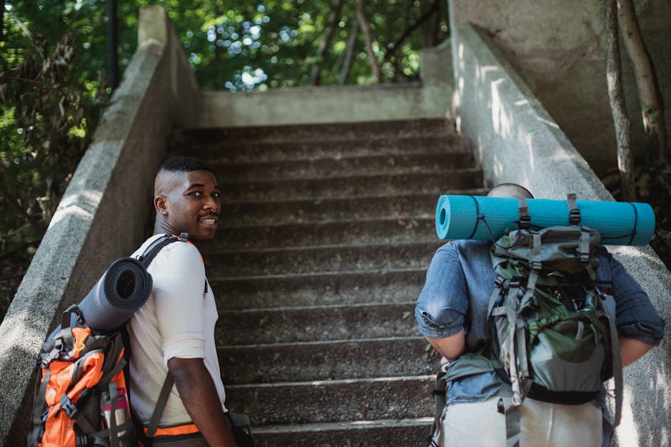 Friends in casual clothes with backpacks with hiking equipment going upstairs in green park in daytime